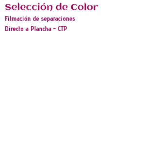 Selección de Color Filmación de separaciones Directo a Plancha - CTP Dibujo de Tipografías Gráficos Logotipos Descartes de Color Siluetados Filmación